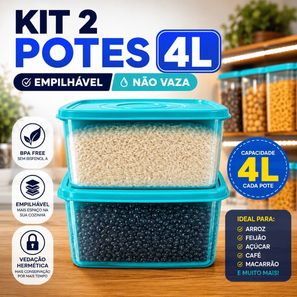 Kit 2 Potes Herméticos 4 Litros Conserva Alimentos Grãos Açúcar Feijão BPA Free