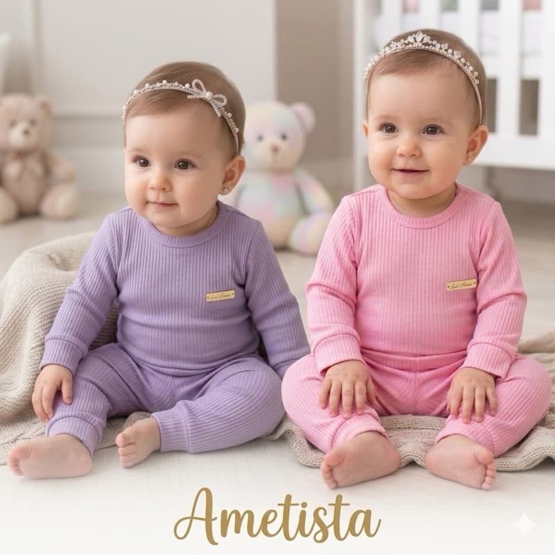Kit 2 Conjuntos Bebê Menina Inverno Malha Canelada 100% Algodão Roupa Infantil Blusa de Frio e Calça