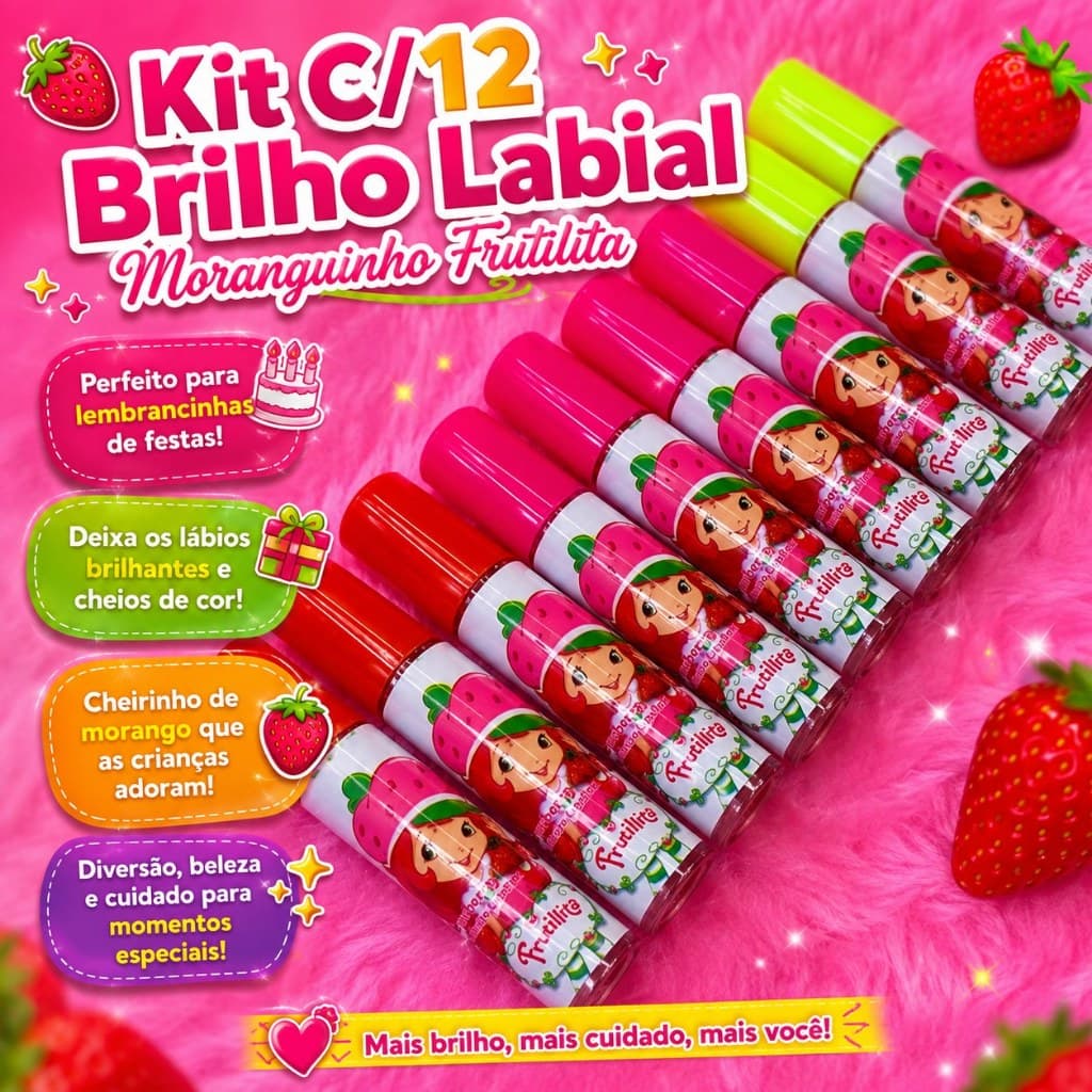 Kit C/12 Brilho Infantil Menina Moranguinho Frutilita Gloss Infantil Atacado