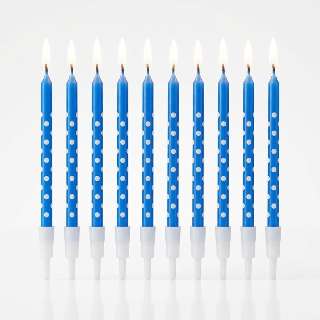 Vela Fina Bolinhas Azul 10cm 10 Unidades Com Suporte