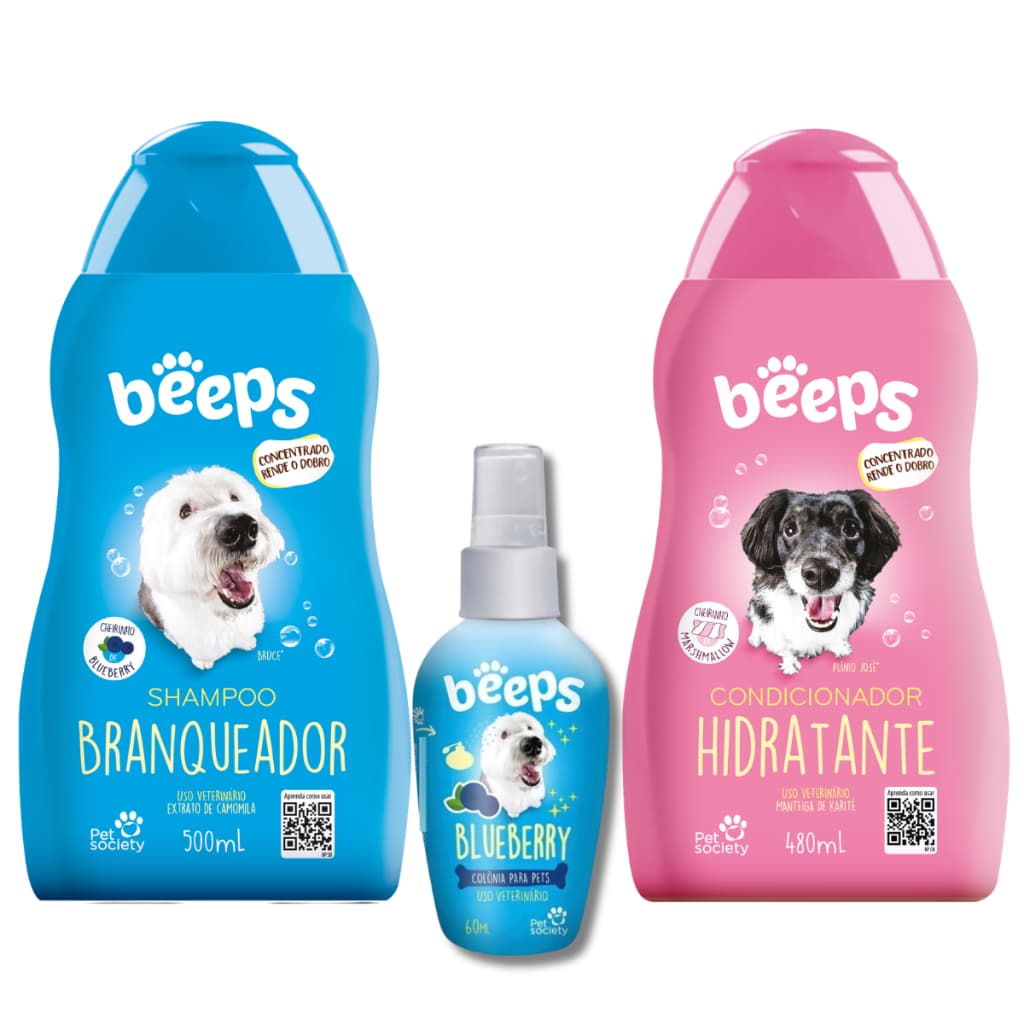 Kit Pet Society Beeps Shampoo Branqueador Condicionador Colônia Blueberry Melancia
