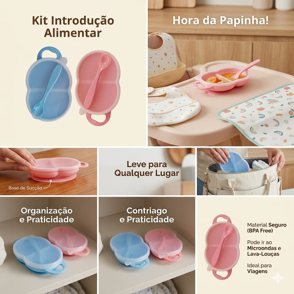 Papeiro  Prato Infantil Bebê Com Divisórias ,Colher e Tampa Livre BPA Introdução Alimentar