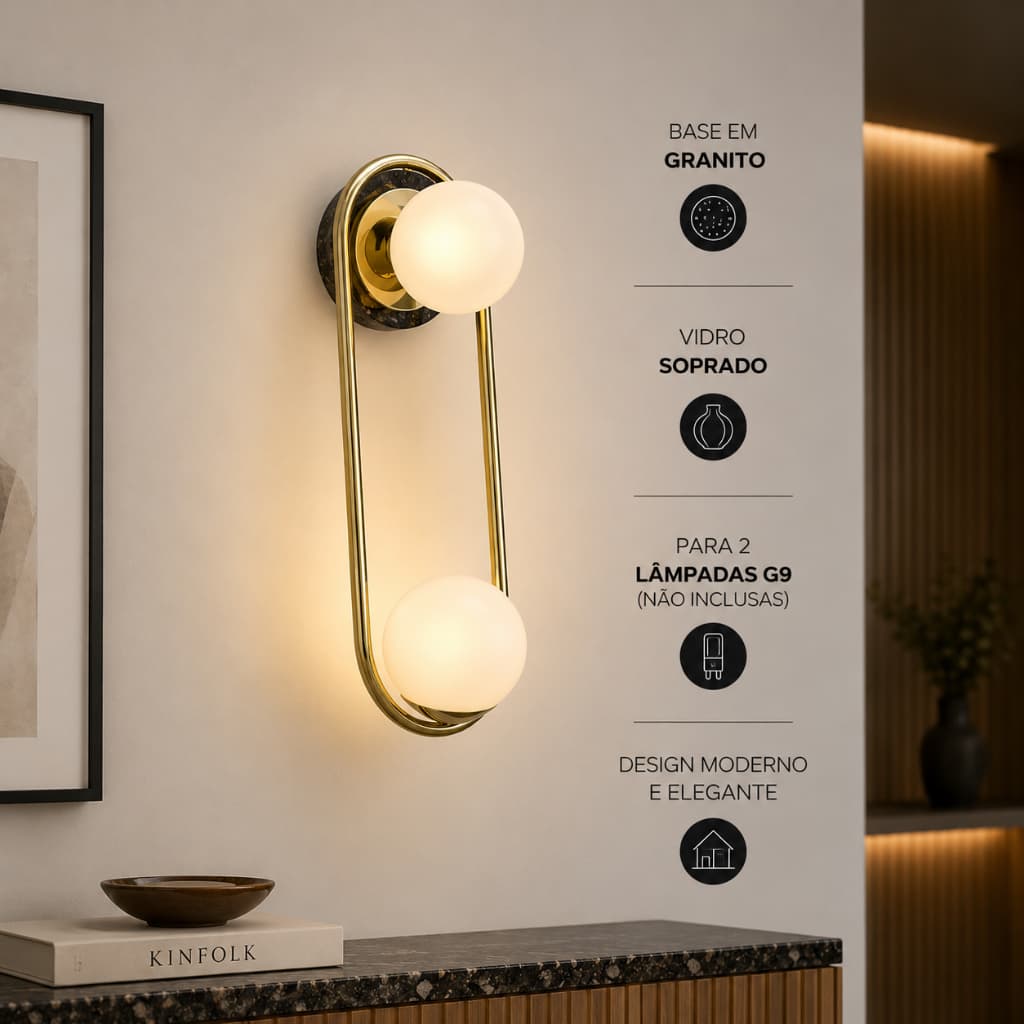 Arandela/ Luminária de Parede base em granito para 2 lâmpadas G9