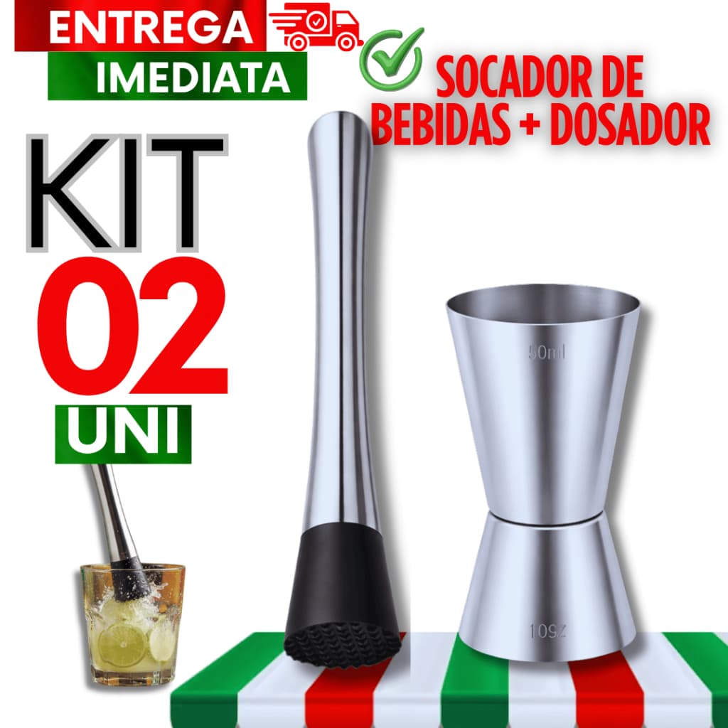 Socador de Bebidas Caipirinhas + Dosadores Duplo Inox Macerador Drinks Bebidas Barmen Bar Utilidades