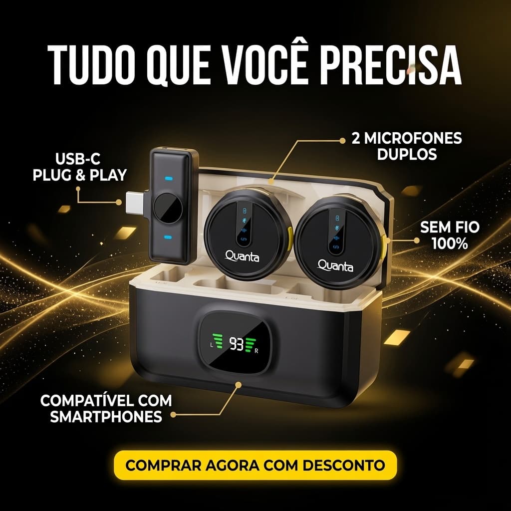 Microfone Sem Fio Duplo Incrível Quanta QTMDM30 USB-C Smartphones Premium Premium Moderno Para Criadores