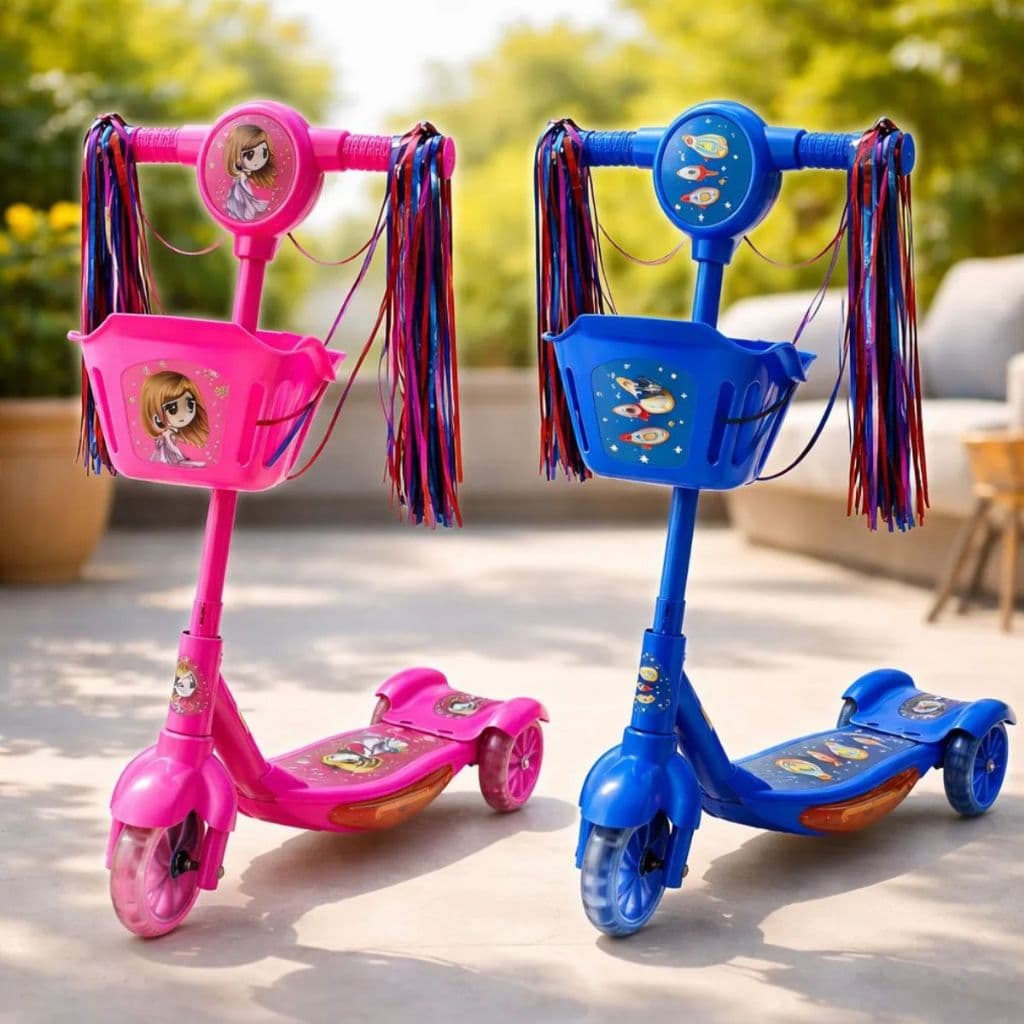 Patinete Infantil Rosa Azul 3 Rodas Luz Som Dobrável  portátil com Cestinha kids menino e menina