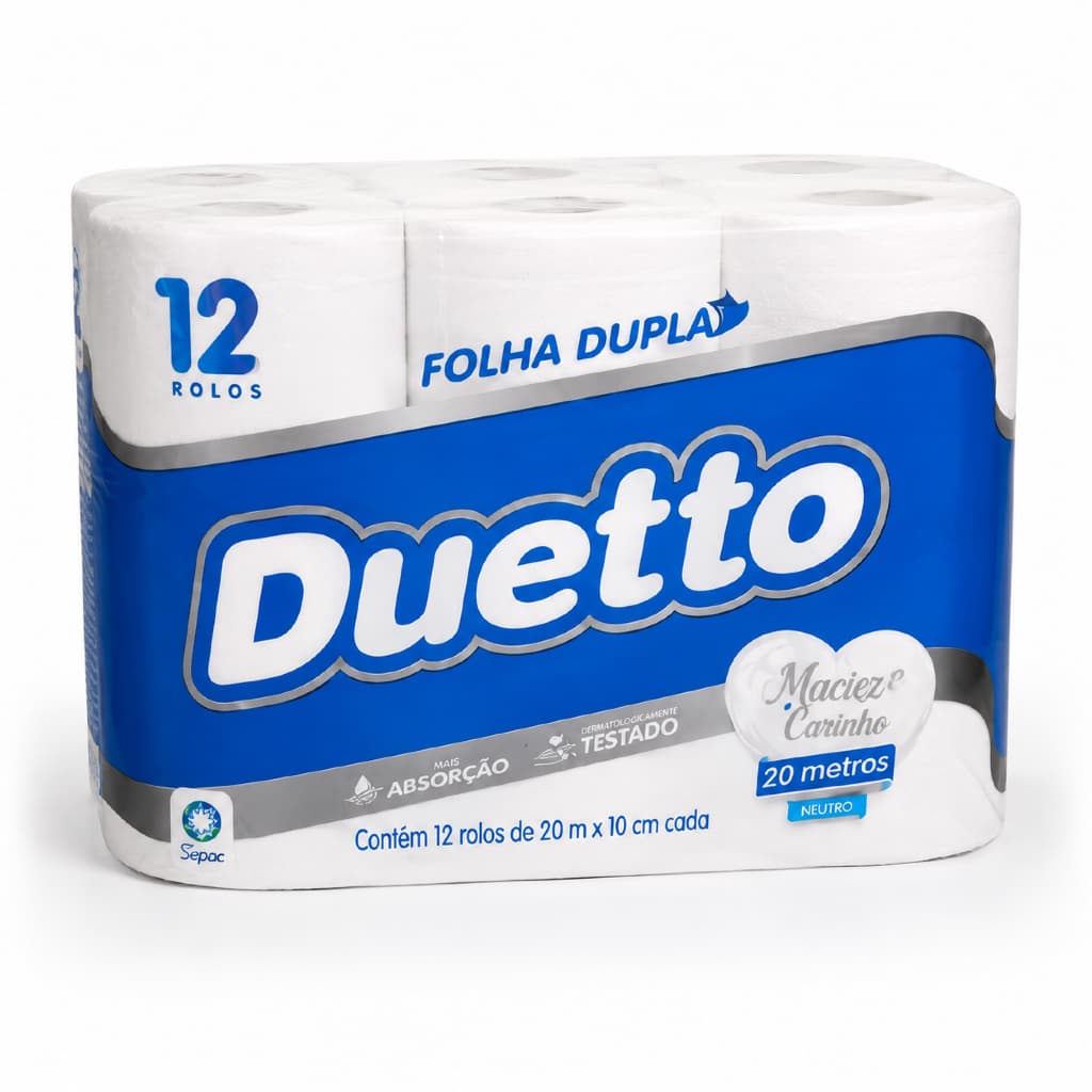 Papel Higiênico Folha Dupla 12 Rolos  Duetto Alta Maciez Neutro Leve Mais Economize