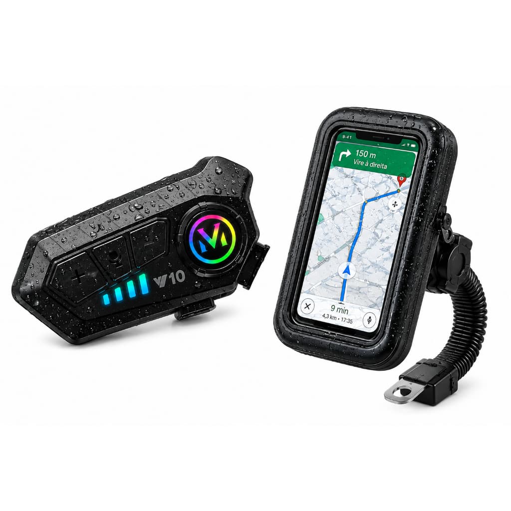 Kit Motoboy Intercomunicador V10 Bluetooth + Suporte Celular Impermeável Para Moto GPS Universal