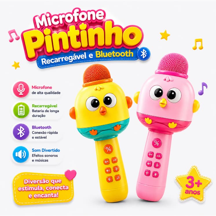 Microfone Pintinho Bluetooth Recarregável Infantil Karaokê Com Música e Efeitos Sonoros