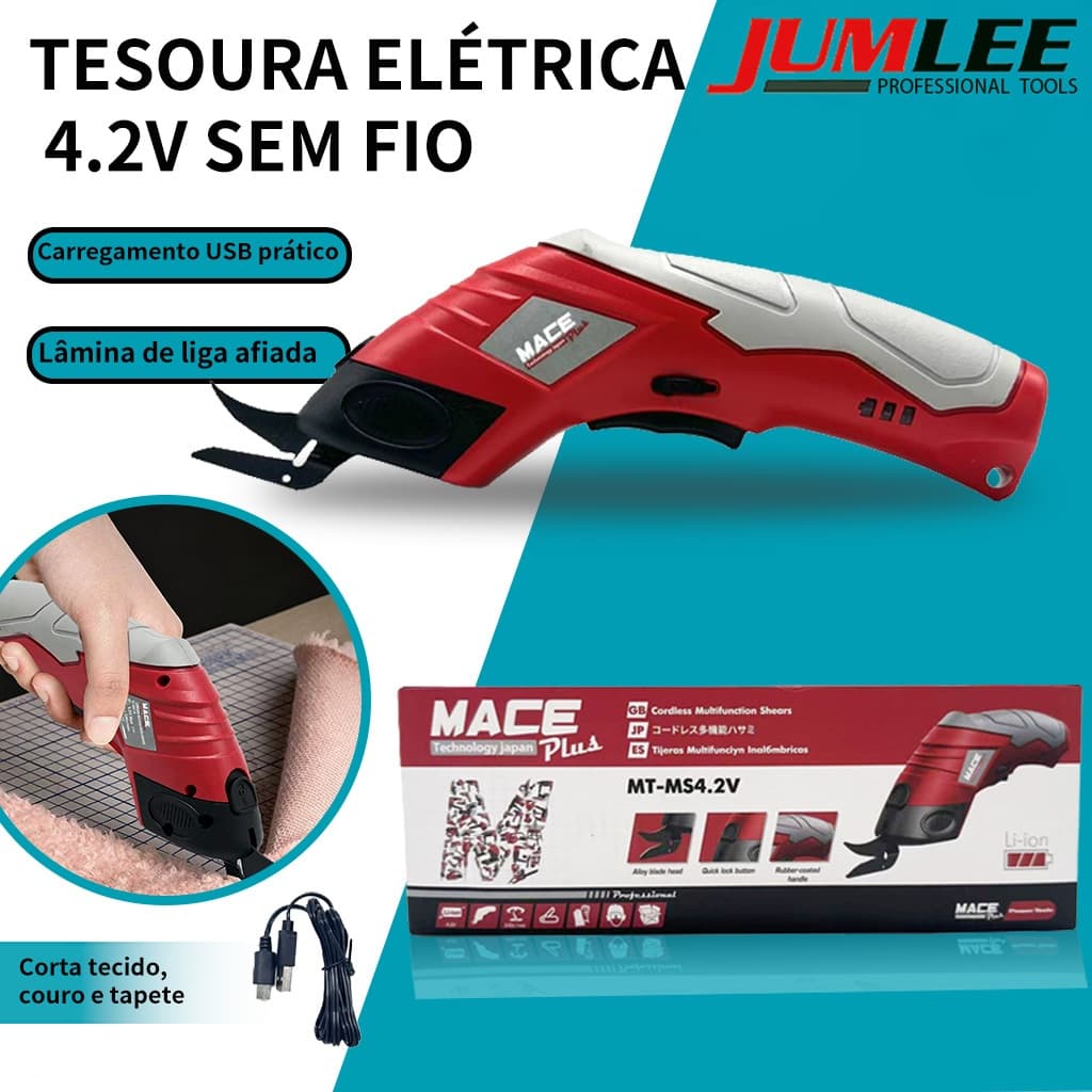 Tesoura Elétrica Sem Fio Mace Plus 4V Profissional USB p/ Tecido Couro Papelão Artesanato Costura