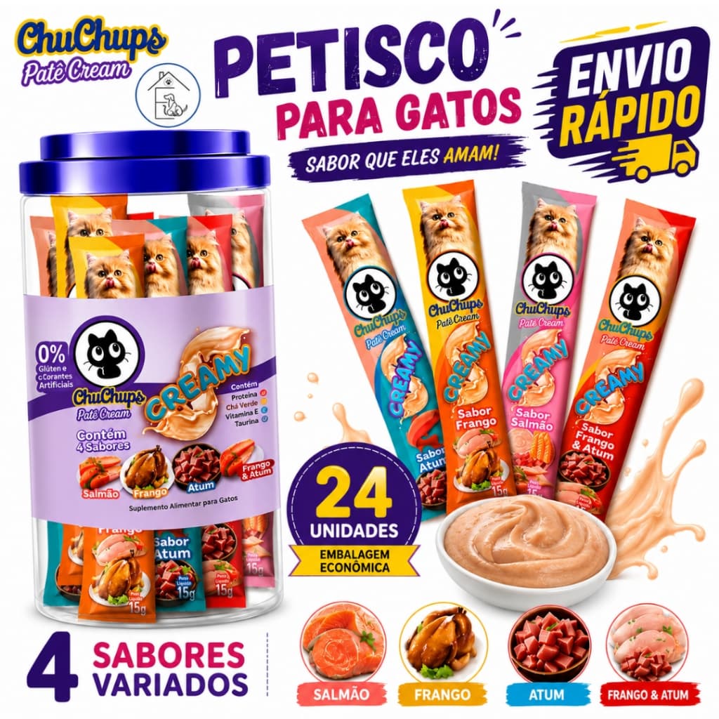 CHUCHUPS PATÊ CREAMY PETISCO CREMOSO PARA GATOS 24 UNIDADES 0% GLUTÉN SEM CORANTES SABORES VARIADOS
