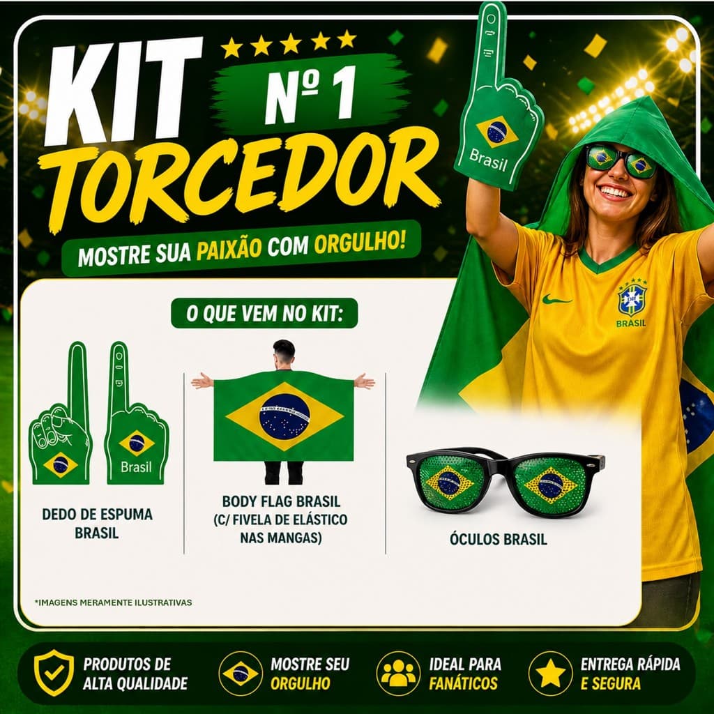 🏆 Kit 5 Torcedor Brasil Copa do Mundo 2026 3 Itens Body Flag, Dedo Espuma e Óculos Brasil