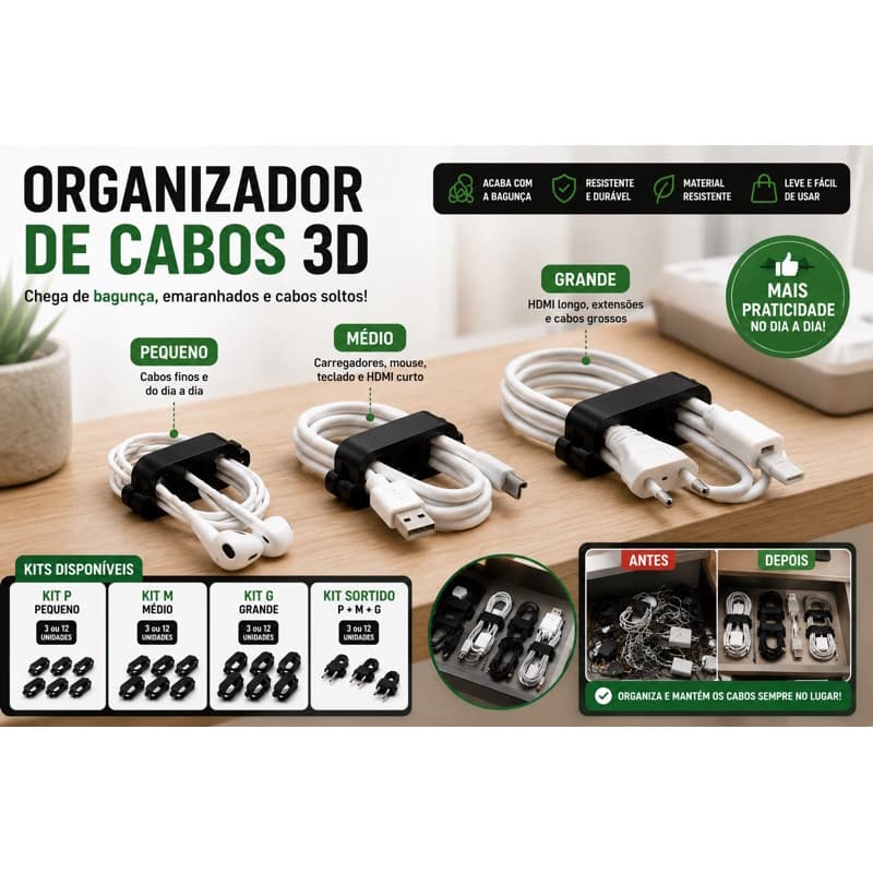 Organizador de Cabos 3D Reutilizável | Prendedor de Fios USB HDMI Carregador | Kit Pequeno Médio Grande