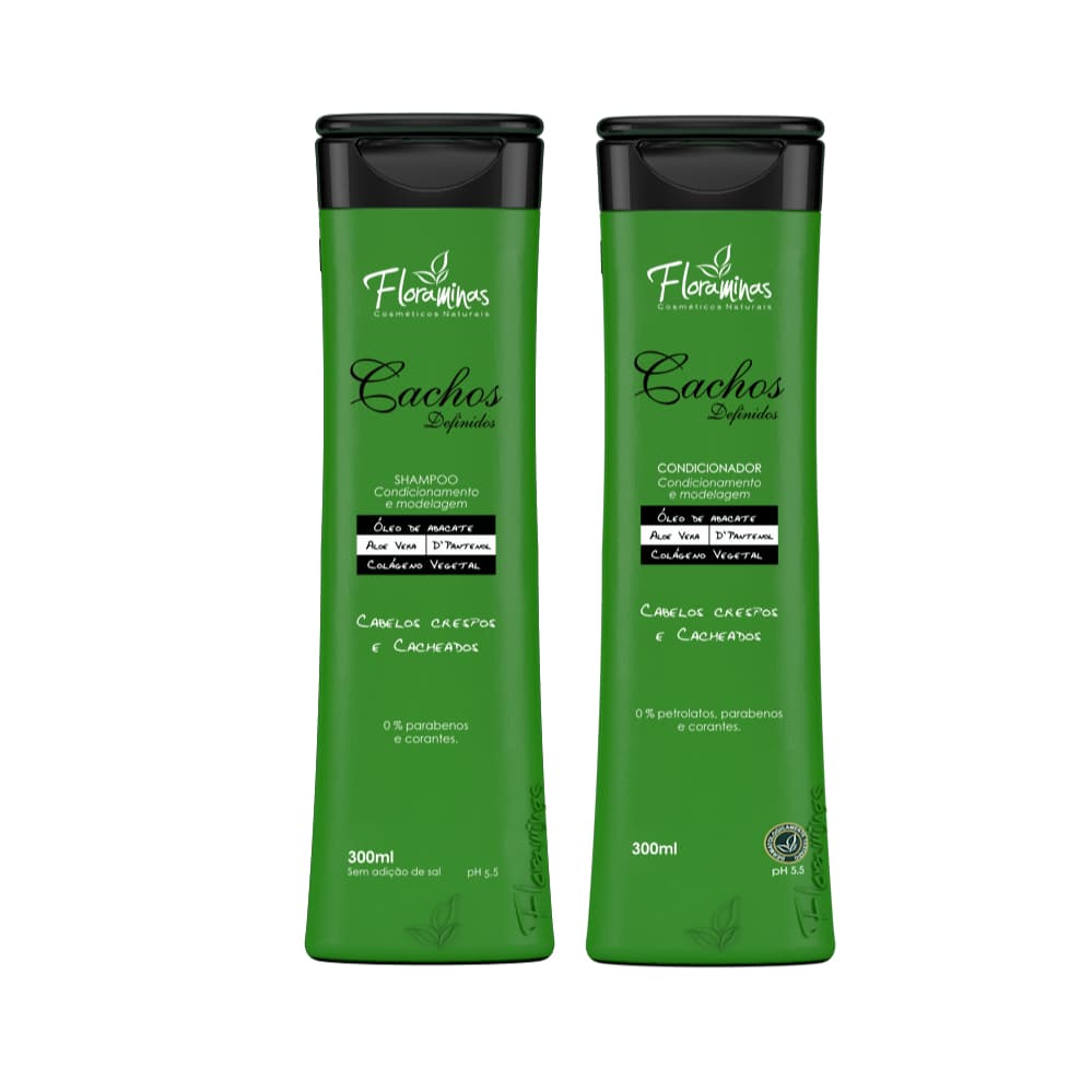Kit Shampoo e Condicionador Cachos Definidos para Cabelos Cacheados e Crespos e Ondulados  300ml Floraminas