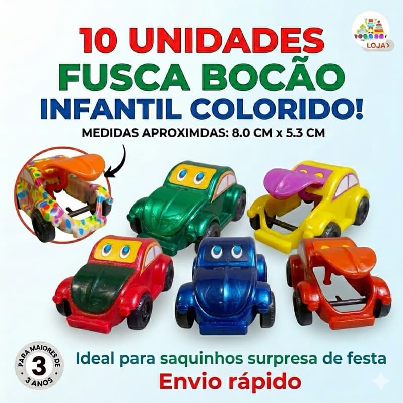 10 Fusca Bocão Carrinho Brinqueodo Infantil Lembrancinha de Aniversário Prende de Gincana
