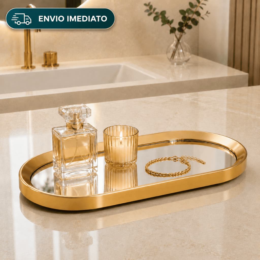 Bandeja Espelhada Dourada Oval Luxo Decorativa para Perfumes Maquiagens Joias  Lavabo