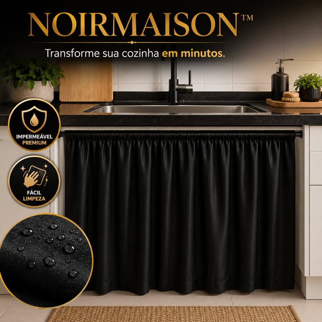 Cortina de Pia Cozinha Tecido Resistente Protecao Decorativa Ambiente Preto impermeavel