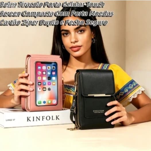 Bolsa Tiracolo Porta Celular Touch Screen Compacta Impermeável Com Porta Moedas Cartão Zíper Duplo e Fecho Seguro