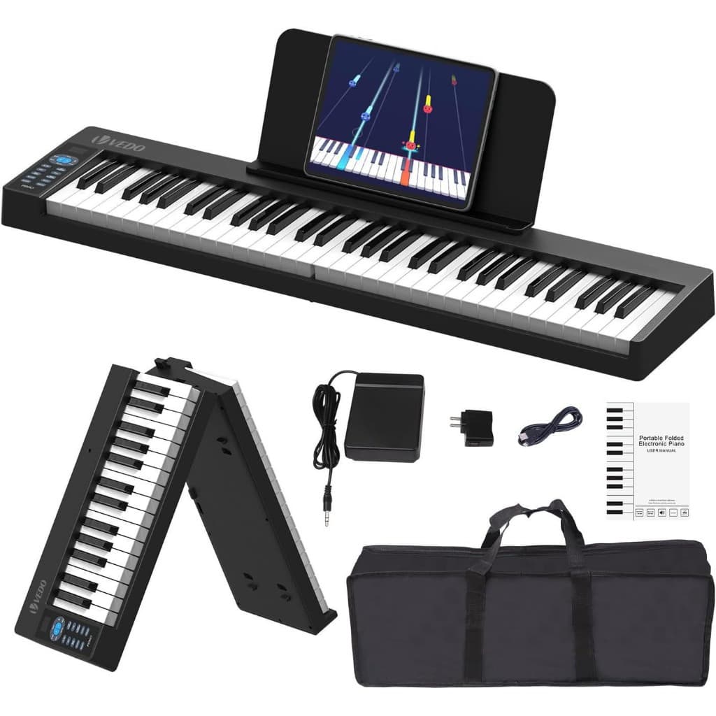 Piano dobrável de 61 teclas, piano elétrico sensível ao toque para iniciantes, teclado portátil, com suporte para partit