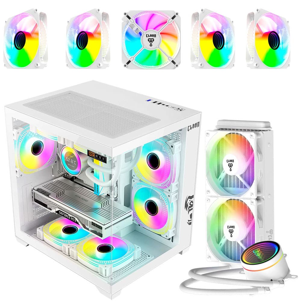 Gabinete Gamer Clanm Grodd Snow Branco Vidro Temperado Kit 5 Fans RGB e Water Cooler 240mm Mid Tower