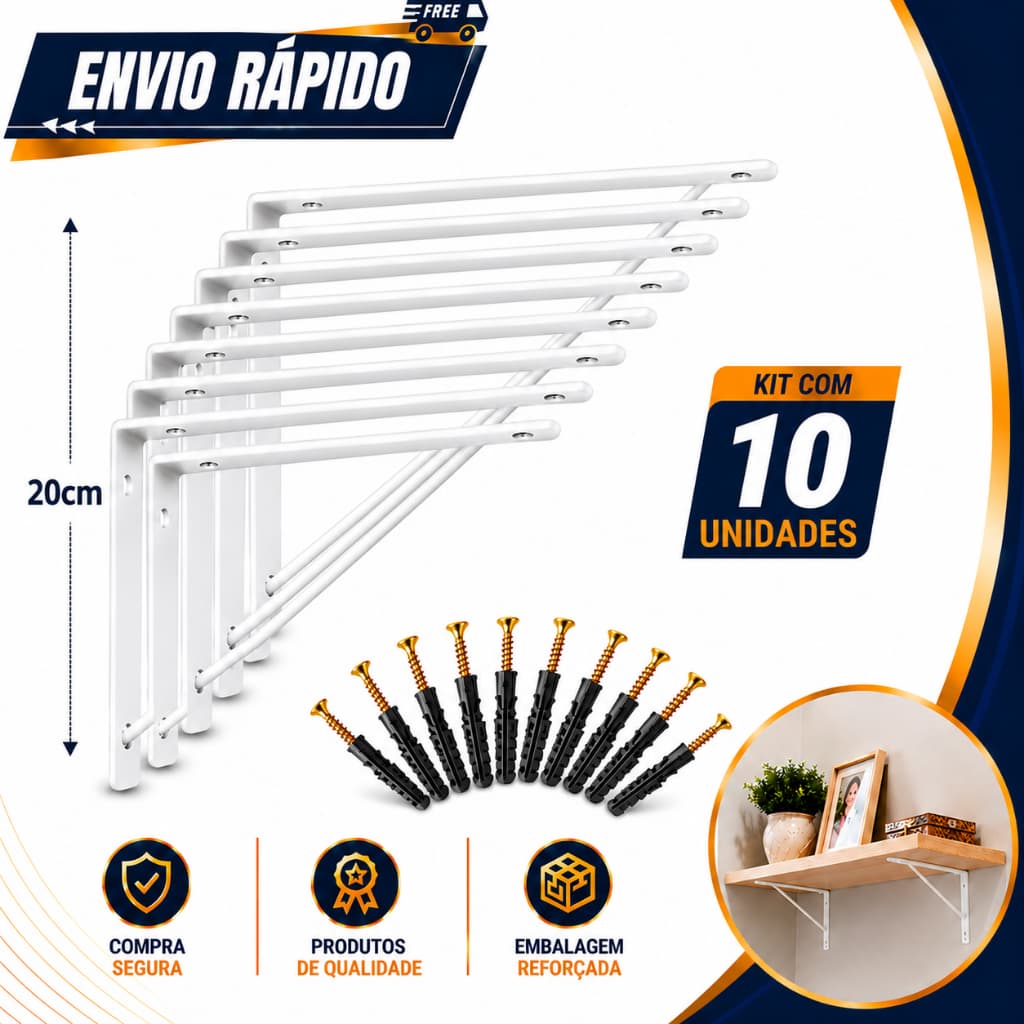 Kit 10 Suporte Mão Francesa Prateleira 20cm Branco WRD parafuso + bucha girotoy