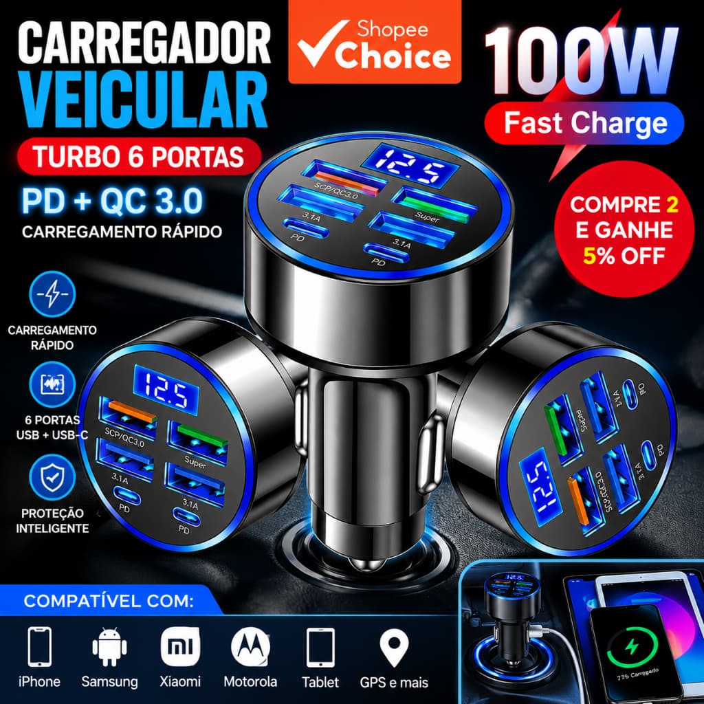 Carregador Veicular Turbo 6 Portas USB e USB-C 3.0 Carregamento Rápido para iPhone Samsung Xiaomi