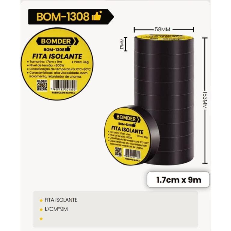 Kit 10 rolos Fita Isolante Antichama 17mm X 9mts BOM-1308