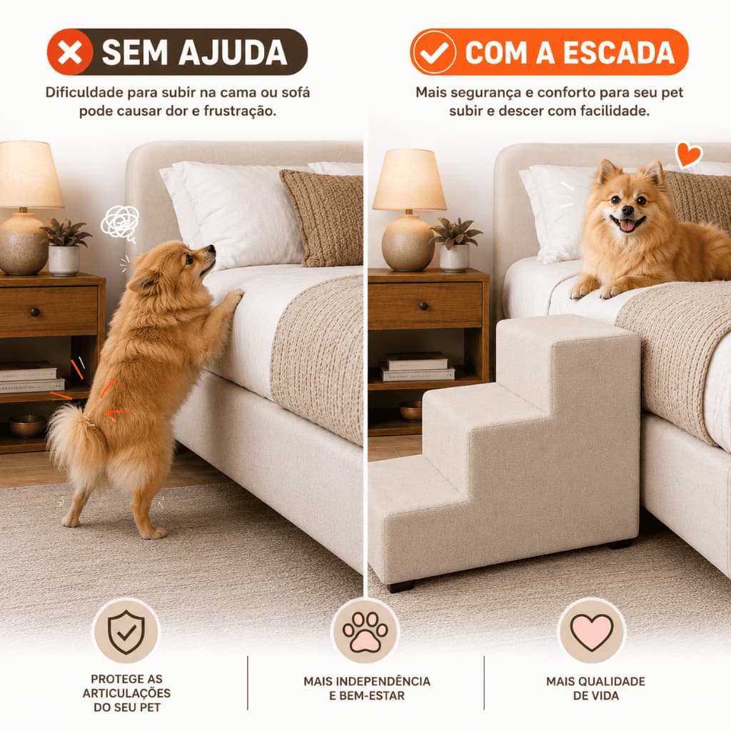 Escada para Cachorro PREMIUM Degraus Maiores Macios Seguros - Escada Pet para Cama Sofá 3 Degraus