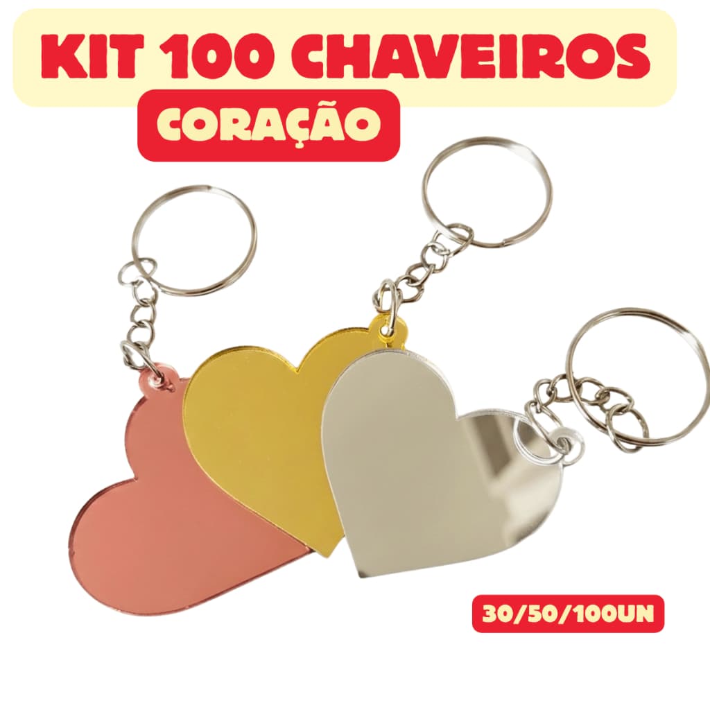 Kit Chaveiros Coração em Acrílico Espelhado Lembrancinha Presente Mimo Prata Rose Gold e Dourado