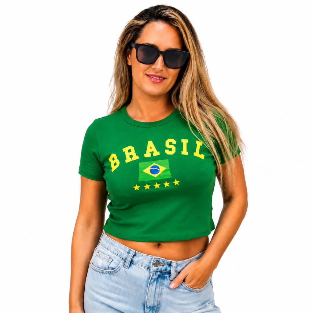 Kit Cropped Feminino Bandeira Brasil Verde G + Óculos de Sol Preto Escuro UV400