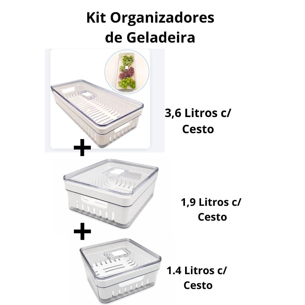 Kit 3 Peças Organizador de Geladeira Transparente com 1,4lts, 2lts e 3,6lts com Cesto - Plastutti