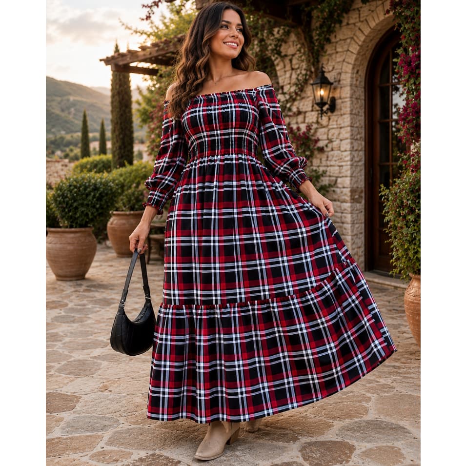 Vestido Xadrez Para Festa Junina Ombro a Ombro Moda Plus Size Longo