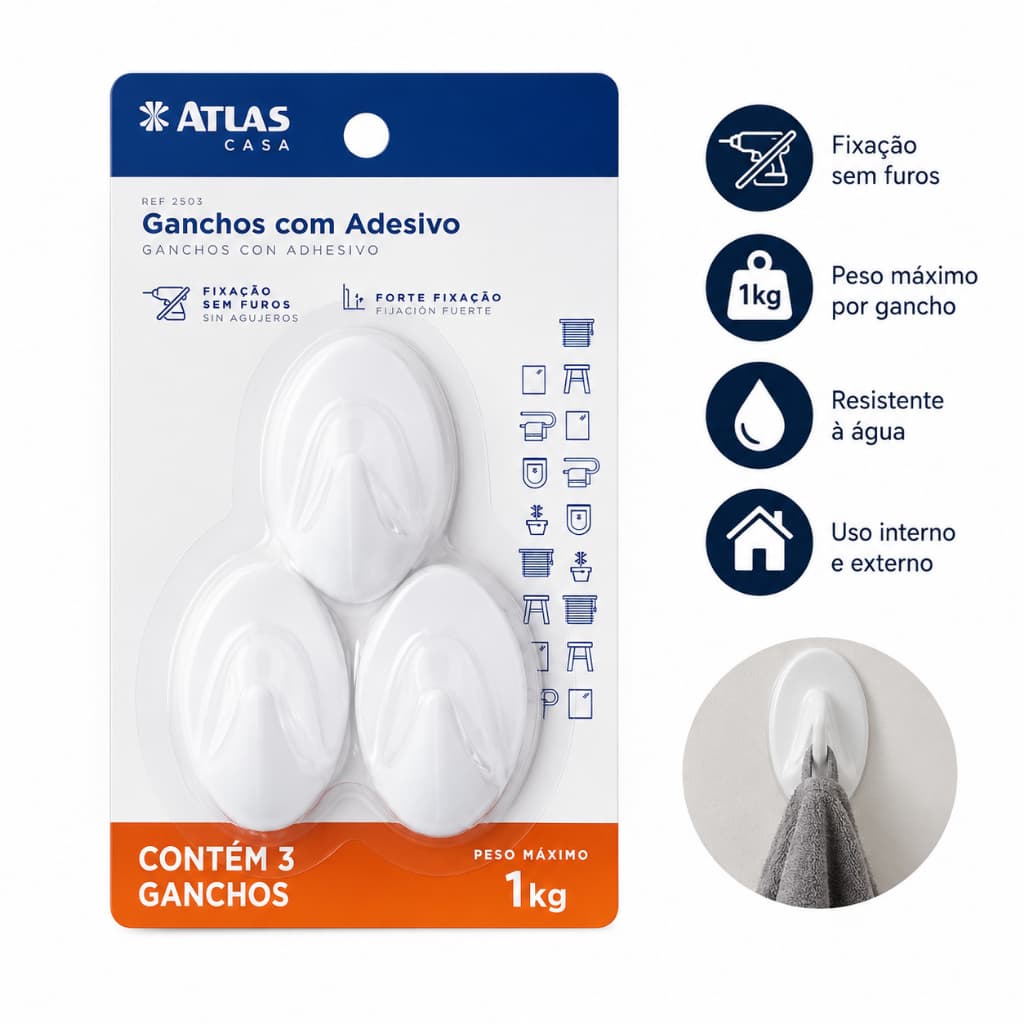 Kit 3 Ganchos Adesivos Parede Atlas Casa Suporte Resistente 1kg