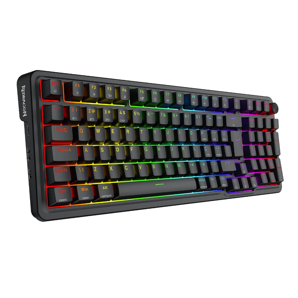 Teclado Mecânico sem fio Gamer Redragon Eisa Pro Preto RGB Switch Mambo Hotswap ABNT2 Gasket Mount Tri-mode