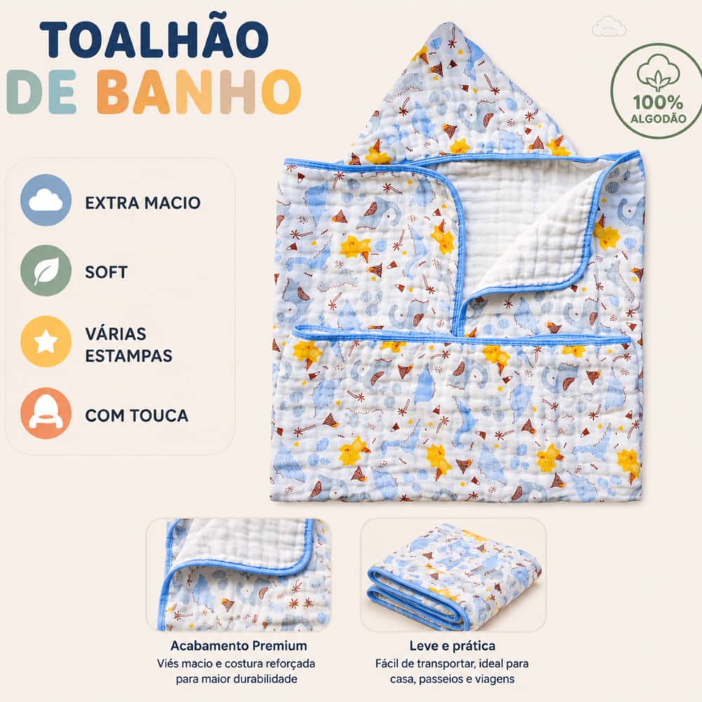 Toalha Grande de Banho Infantil Criança 3 camadas Fralda Soft com Capuz 100% Algodão Menino Menina