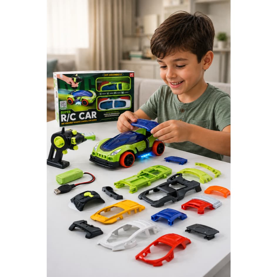 Brinquedo de Menino - Carrinho Controle Remoto De Montar Infantil RC Luz LED Recarregável 216 Combinações