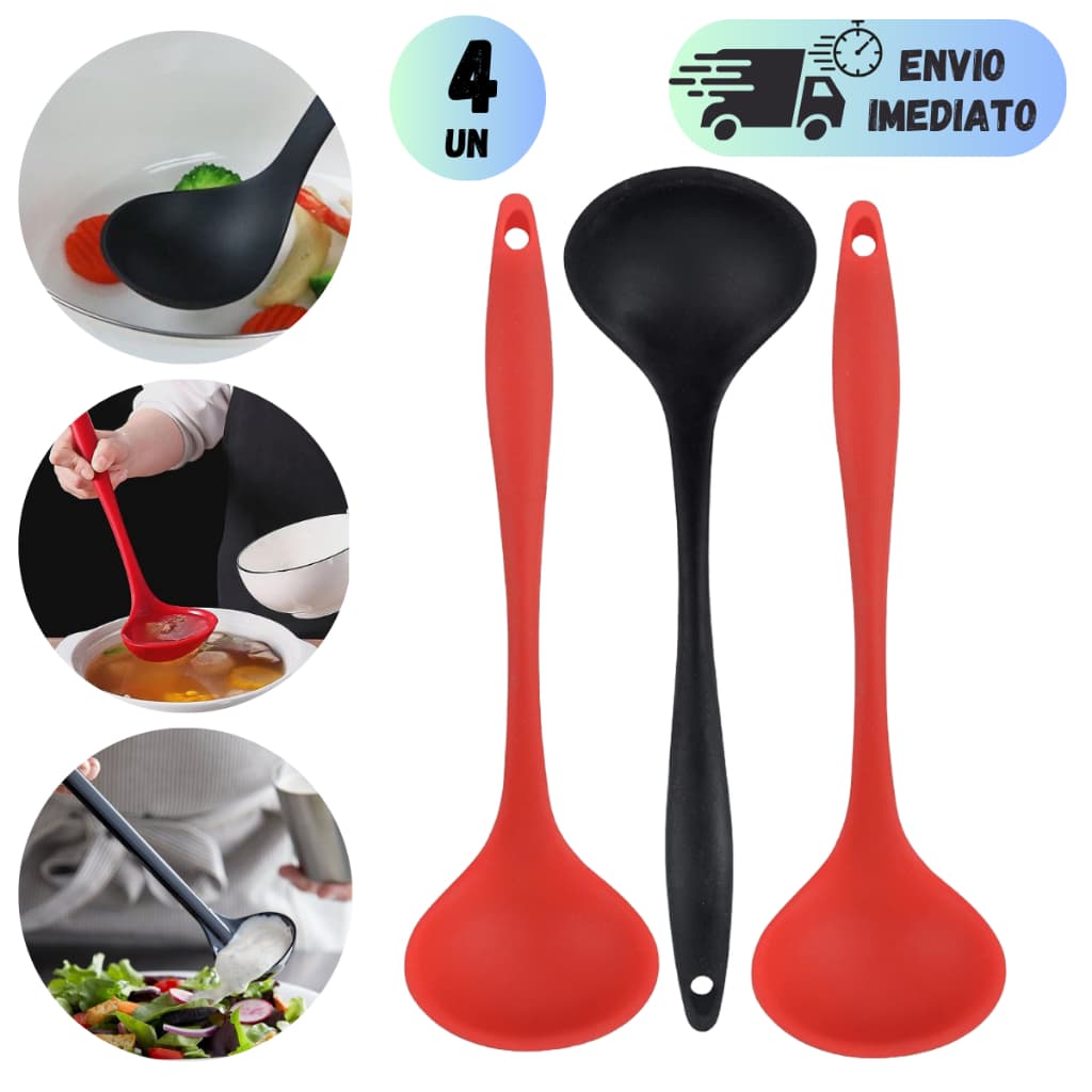 KIT CONCHAS DE SILICONE 28CM  PARA CALDOS SOPAS FEIJAO UTENSILIOS DE COZINHA CABO RESISTENTE PRETO OU VERMELHO