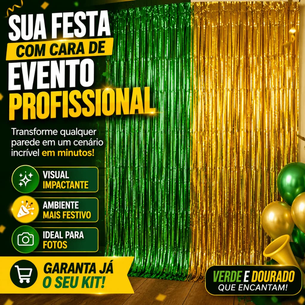Cortina Metalizada Franja Verde e Dourada 1x2m Painel Festa Brasil Fundo Para Fotos Decoração