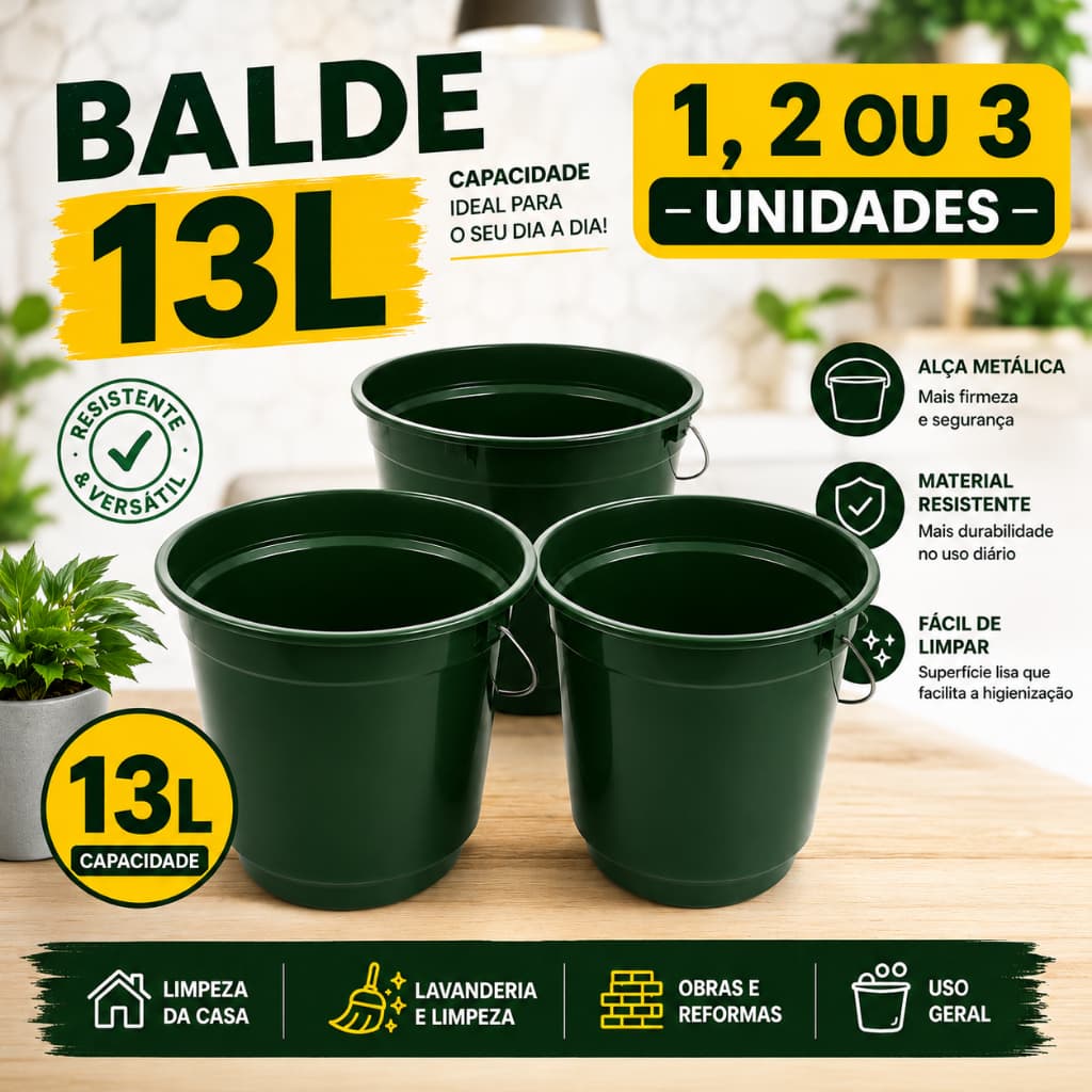 Kit 1 2 ou 3 Baldes 13 Litros Coloridos Alça Reforçada Limpeza e Uso Diário