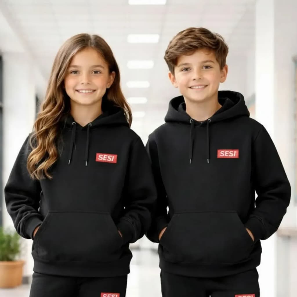 Blusa Moletom SESI Infantil Juvenil Uniforme Escolar Bordado Flanelado Inverno Menino Menina Casaco frio Canguru