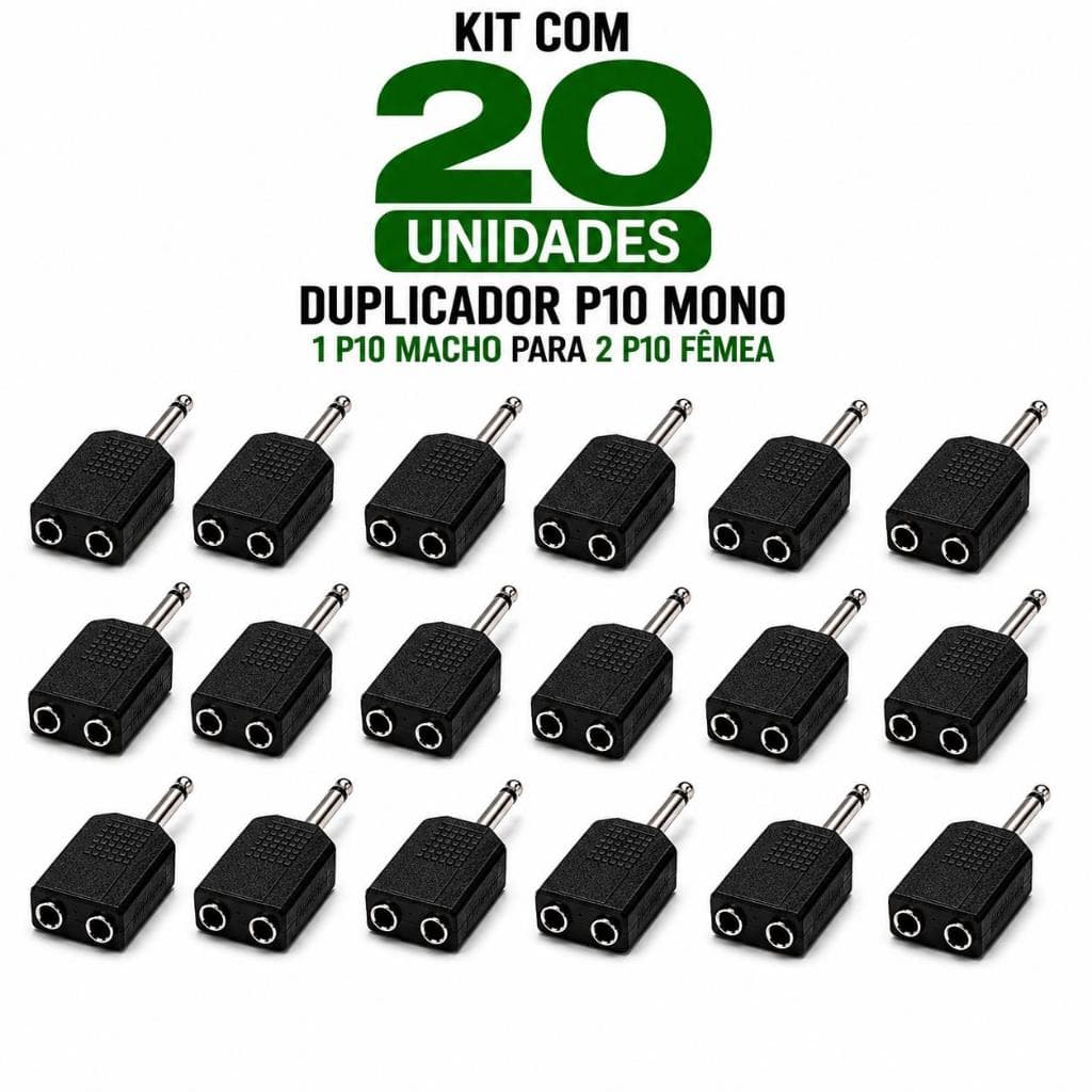 Kit 20 Adaptadores Duplicador P10 Mono Macho Para 2 P10 Fêmea Áudio Mesa Som Amplificador Atacado top