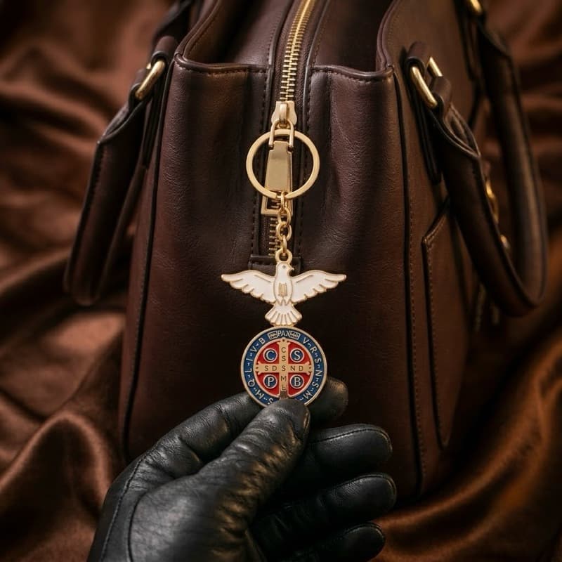 Chaveiro Medalha de São Bento e Divino Espírito Santo Proteção, Fé e Elegância Chaves Bolsas Mochila