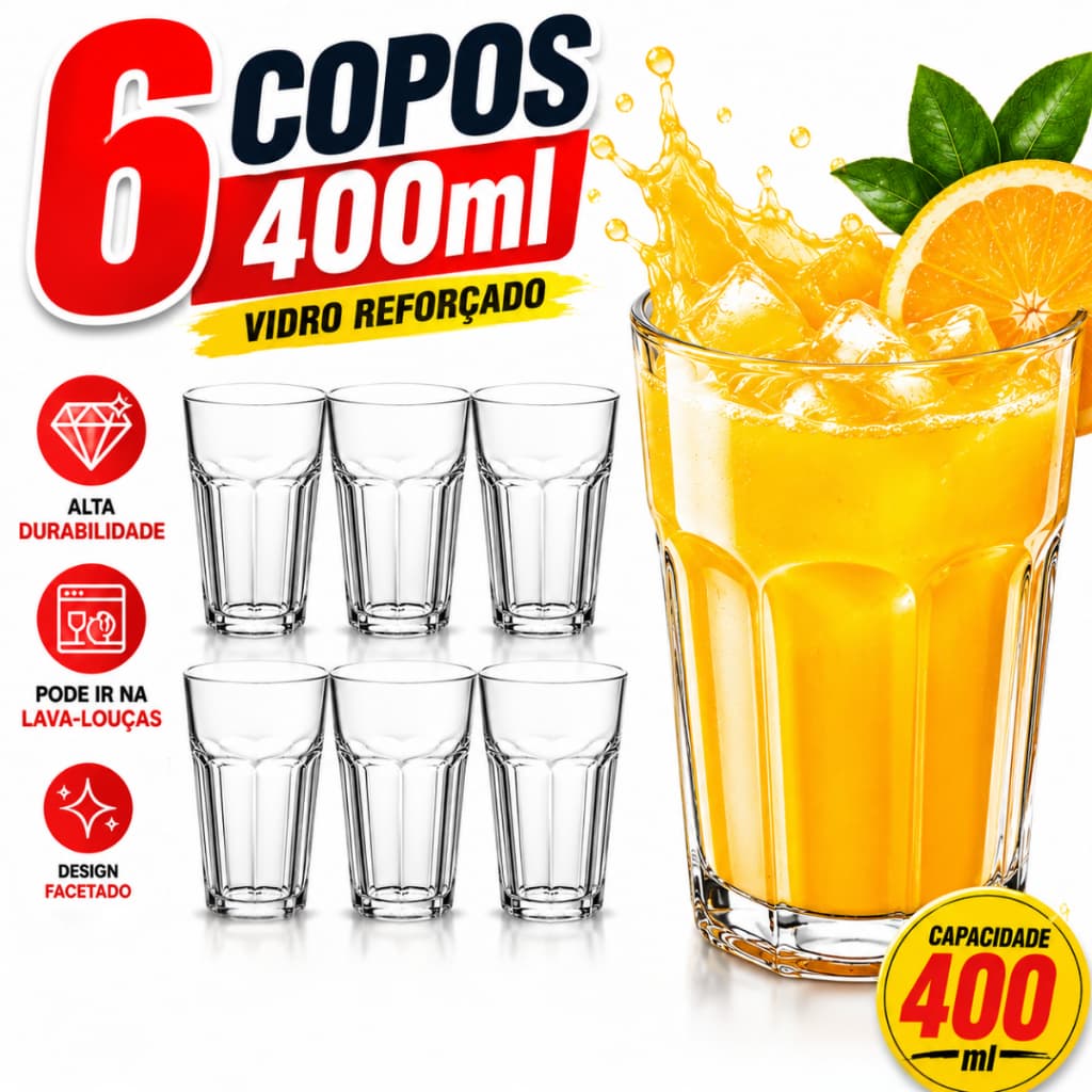 6 Jogo De Copos Em Vidro Casa Cozinha Casa Água Suco Drink Refrigerante 400Ml Facetado