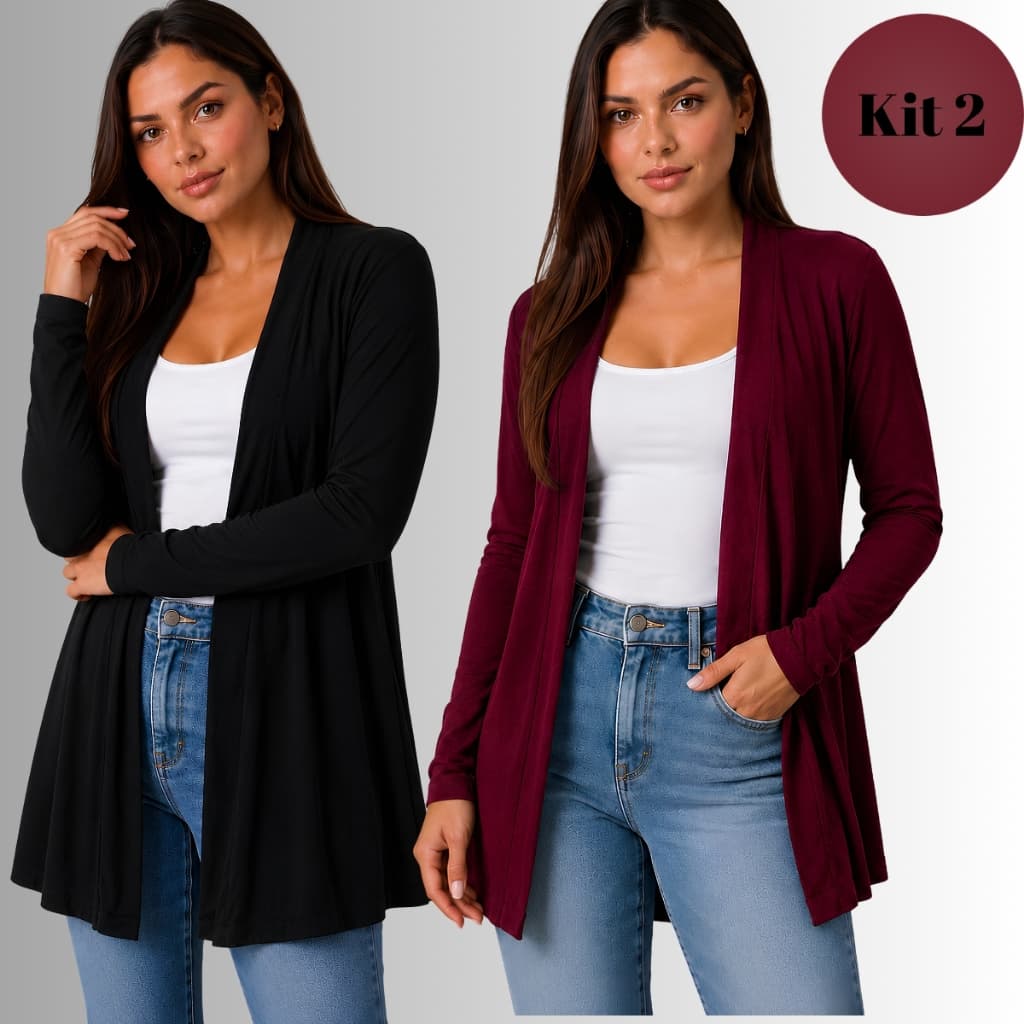 Kit 2 Cardigan Feminino Casaco Elegante Manga Longa Aberto