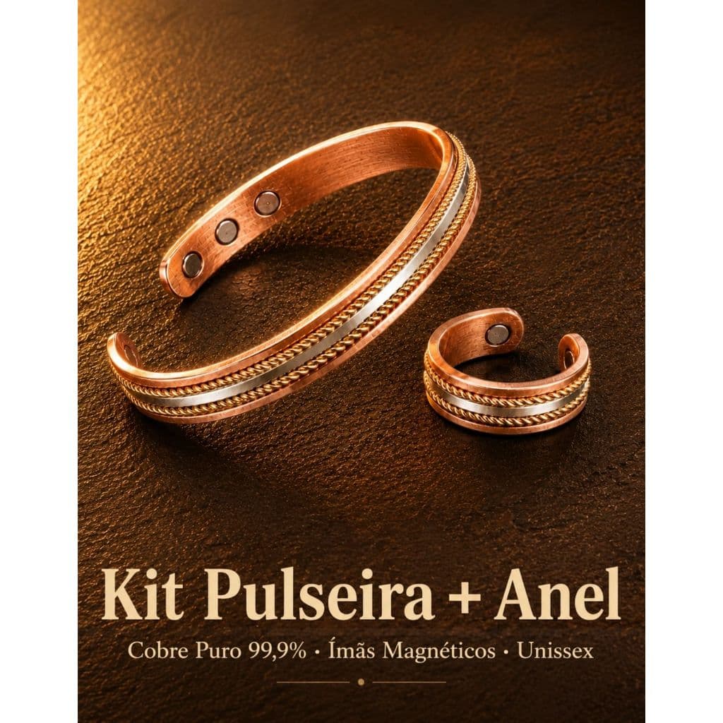 Pulseira e Anel Cobre Puro Magnética Unissex Ajustável com Certificado