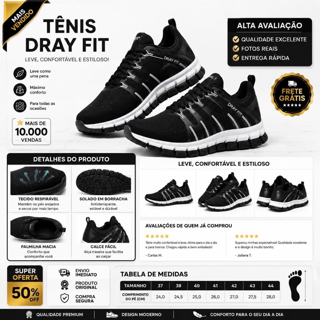 Tênis de Treino Unissex Esportivo Dray Fit Masculino Feminino Leve Confortável Envio Imediato