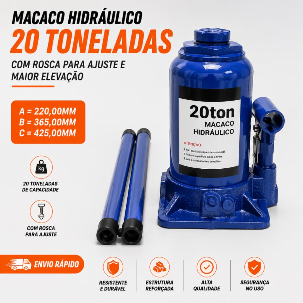 Macaco Hidráulico Garrafa 20 Toneladas - (COM ROSCA PARA AJUSTE E  MAIOR ELEVAÇÃO)