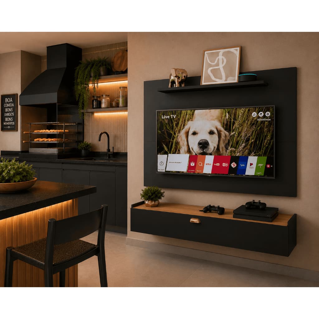 Conjunto Rack e Painel para sala fit Loft Torcida cor preto com gaveta sem pés