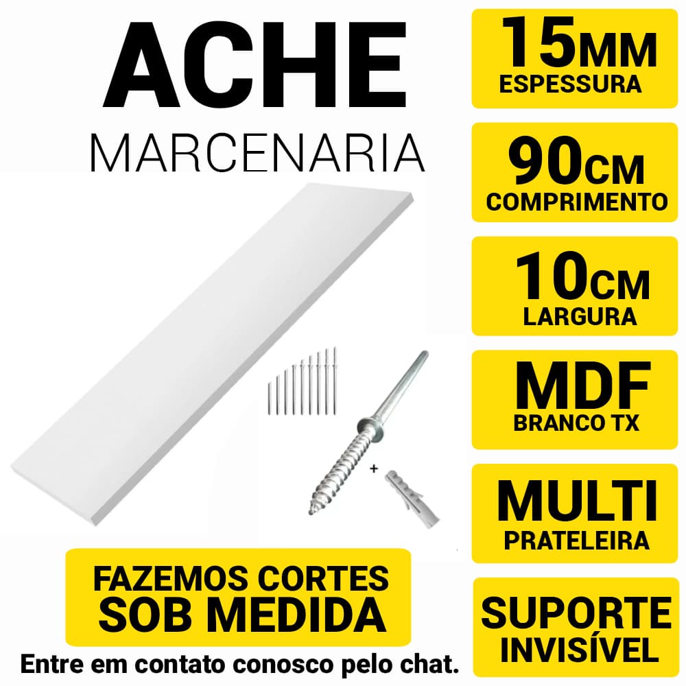 Prateleira Flutuante em Mdf 15mm Branco Tx 90x10 C/Acabamento Fitado 3 Lados + Suporte Invisivel