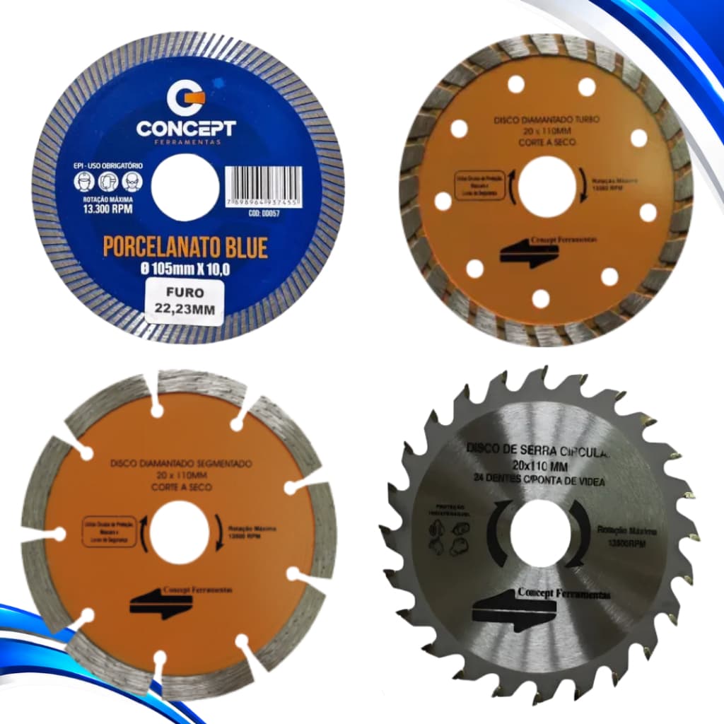Kit 4 Discos de Corte (Disco segmentado + turbo + blue + madeira) Alta Qualidade